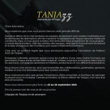 cartel en francés sobre la suspensión de Tanjazz 2020